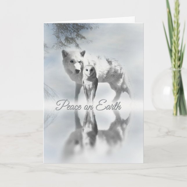 Paz no Lobo e Coruja no Cartão de Natal da Terra (Frente)