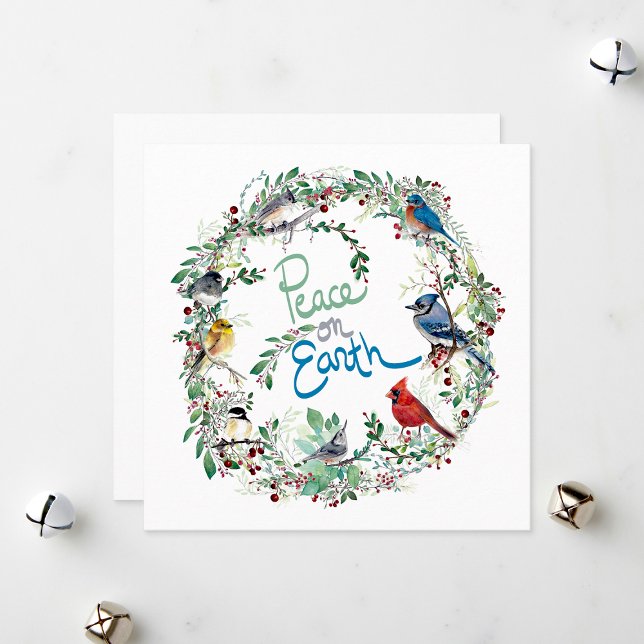 Paz No Pássaro Da Terra E Cartão De Férias De Féri (Peace On Earth Bird And Wreath Holiday Card by Jenn Steffen Art)