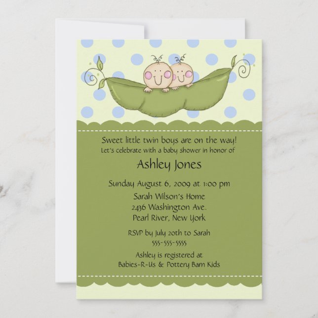 Pea Pod Twin Boys Baby Shower Convites (Frente)