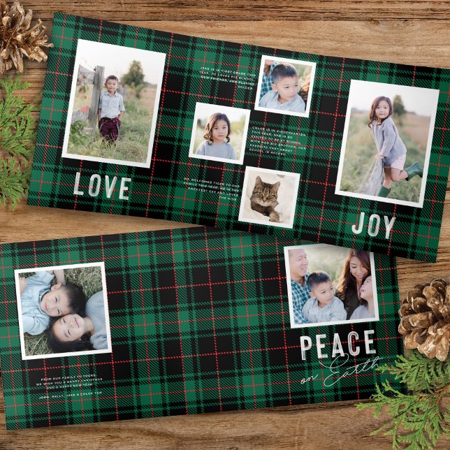PEACE AMVE JOY Green Tartan Holiday Cartão com fot (Criador carregado)