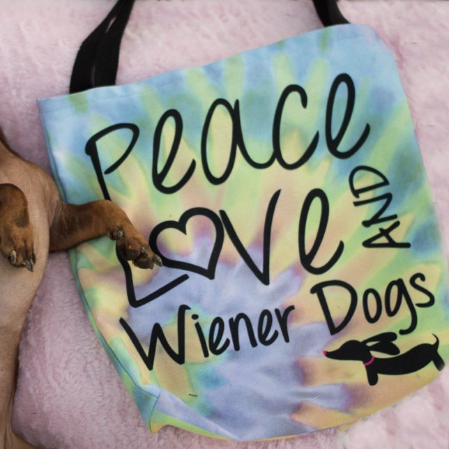 Peace Love & Wiener Dogs Tie Dye Tote Bag (Pease love and weiner dogs tote bag)