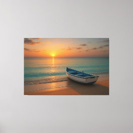Peaceful Golden Sunset with Boat on Beach Canvas