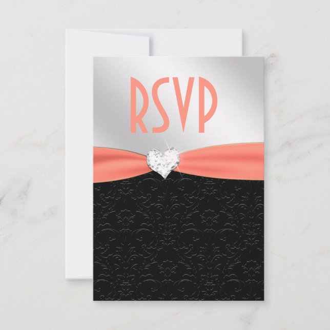 Peach Black Floral Damask Diamond Heart RSVP (Frente)