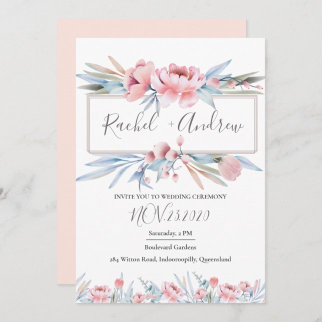 Peach Blossom | Convite Para Casamento Floral (Frente/Verso)