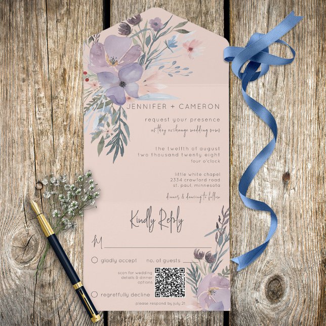 Peach Blue & Purple Boho Floral Peach Código QR (Criador carregado)