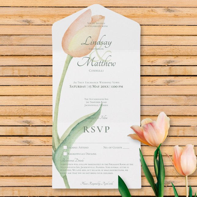 Peach Blush Tulip Solo Moderno Sem Janto com Detal (Peach Blush Tulip Solo Modern No Dinner w/ Details All In One Invitation)