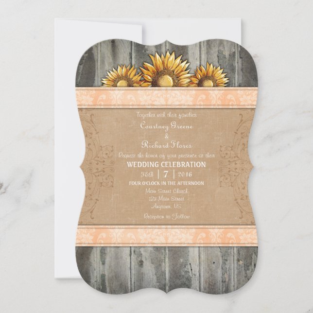 Peach Brown Rustic Sunflower Convite de casamento (Frente)