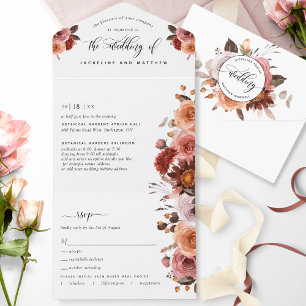 Peach, Burgundy Blush Floral Wedle Tear Off RSVP