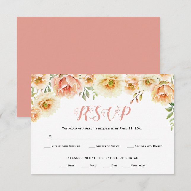 Peach coral aquarela flores casamento RSVP (Frente/Verso)