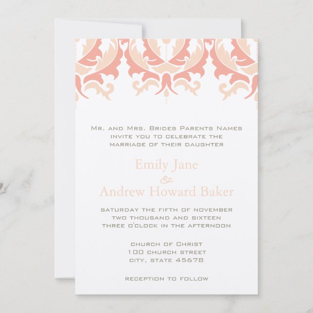 Peach Coral e Convite para Casamento tema damasco  (Frente)