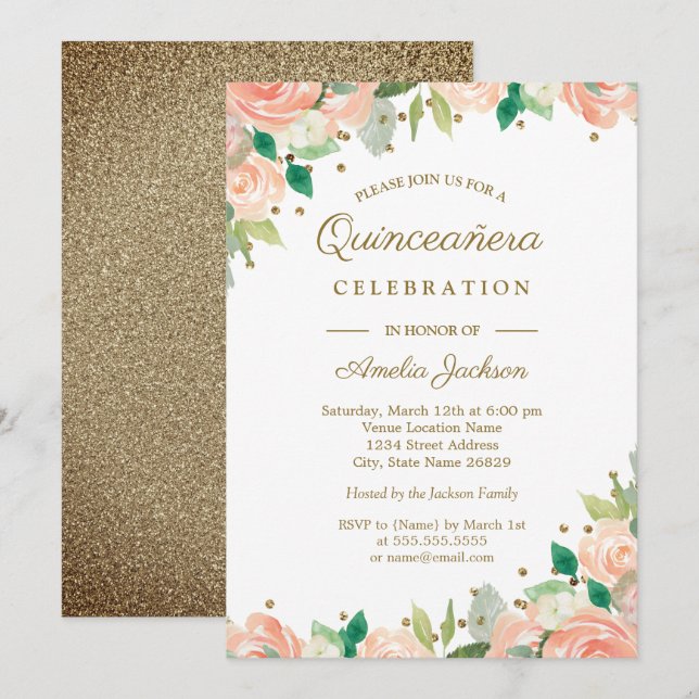 Peach Dourada Glitter Floral Quinceanera Convite (Frente/Verso)