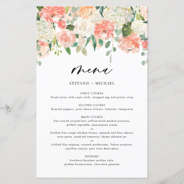Peach e Ivory Watercolor Flowers Menu de Casamento (Frente)