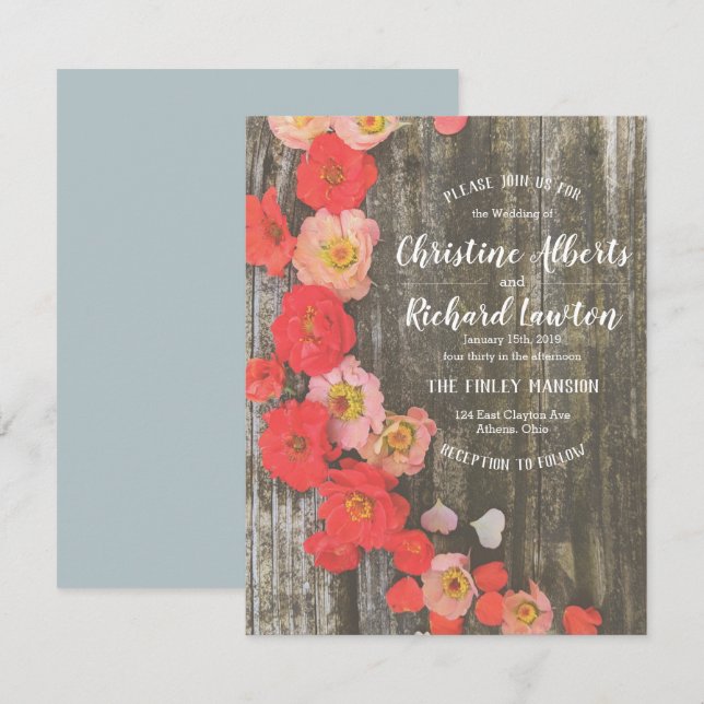Peach e Poppy Rustic Floral Wedation Convite (Frente/Verso)