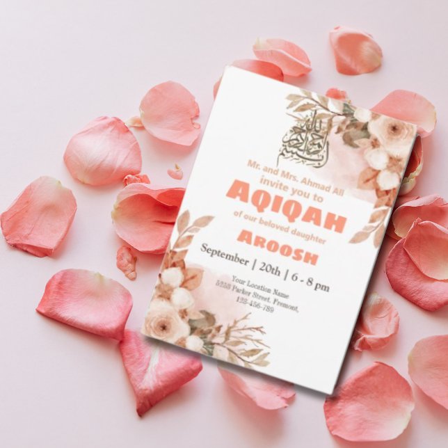 Peach floral Aqeqah - Aqiqah - Convite Muçulmano (Criador carregado)