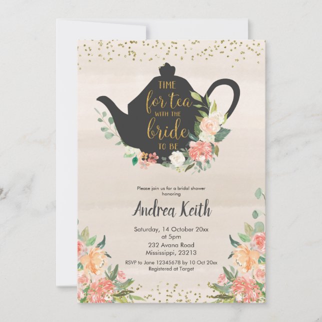 Peach Floral Bridal Tea Convite (Frente)