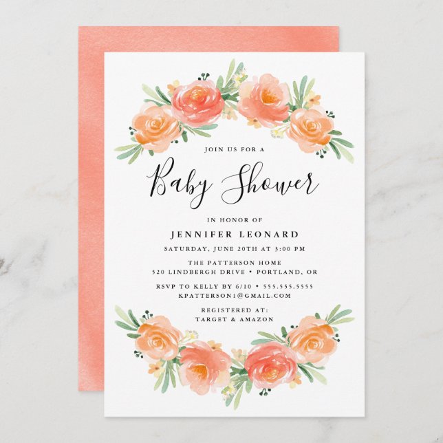 Peach Floral Garden | Convite ao Chá de fraldas (Frente/Verso)