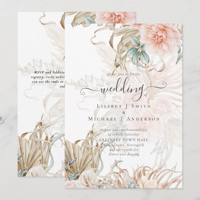 Peach Floral Pampas Grass BOHO Convite Para Casame (Frente/Verso)
