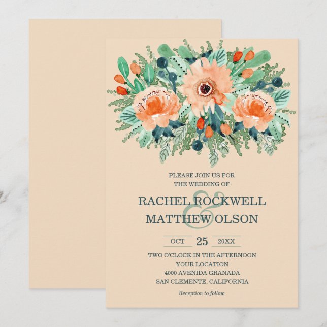 Peach Floral Watercolor Convites para Casamento (Frente/Verso)