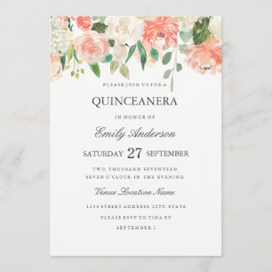 Peach Floral Watercolor Quinceanera Convite