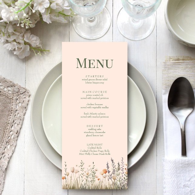 Peach Fuzz Wildflower Meadow Wedch Menu (Peach Fuzz Wildflower Meadow Wedding Menu on an elegant white wedding table.)