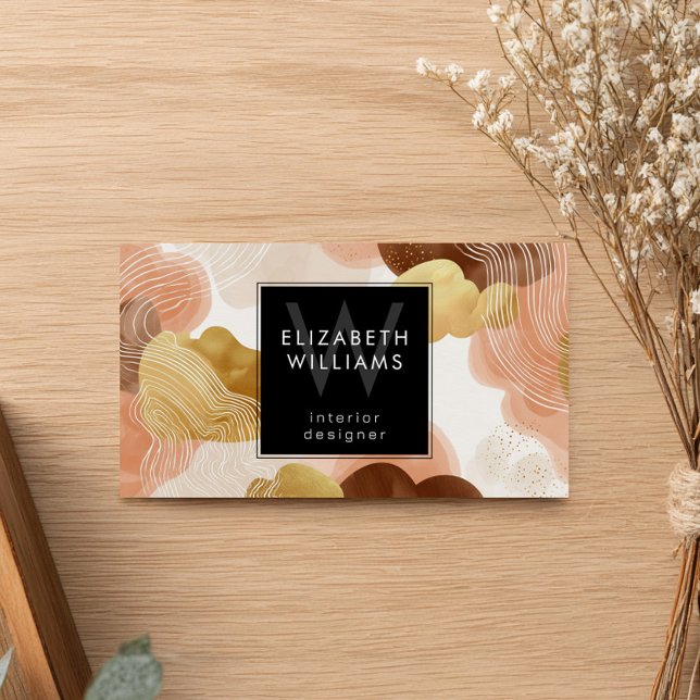Peach Gold Modern Abstract Monogram Business Cards (Criador carregado)