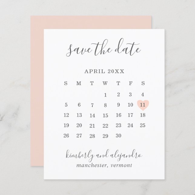 Peach Heart Calender Budget Casamento Salve a Data (Frente/Verso)
