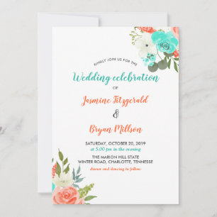 Peach Mint Watercolor Floral Convite De Casament