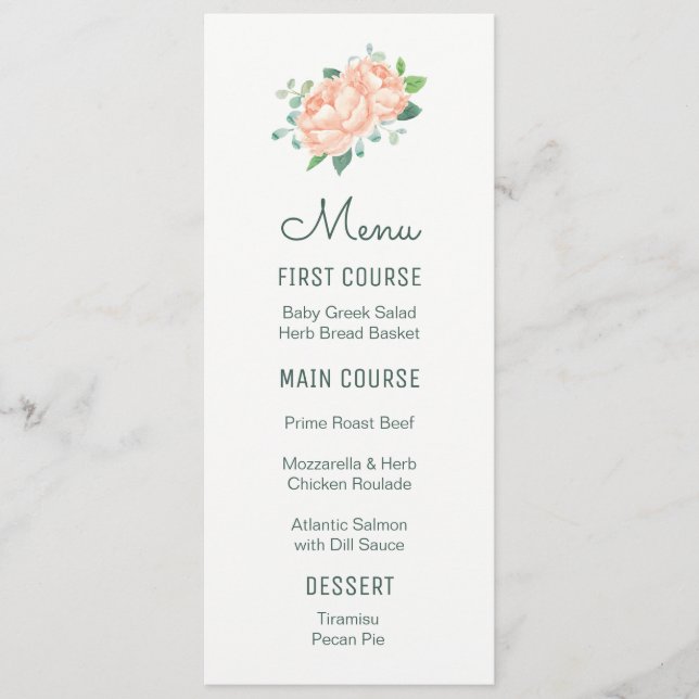 Peach Peony Watercolor Flower Menus (Frente)