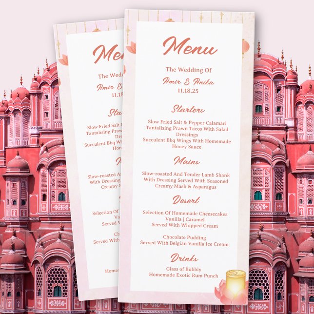 Peach Pink Lotus Lanterns Indian Wedment Menu (Criador carregado)