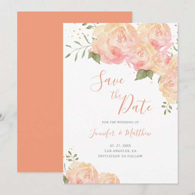 Peach Rosa Floral Wedding Salvar Cartão de Data (Frente/Verso)