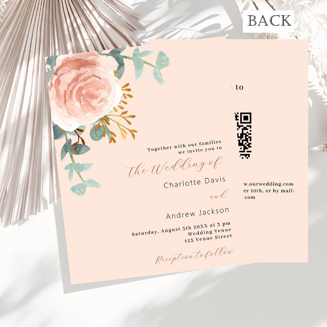 Peach rosa gold QR RSVP convite para casamento de  (Criador carregado)