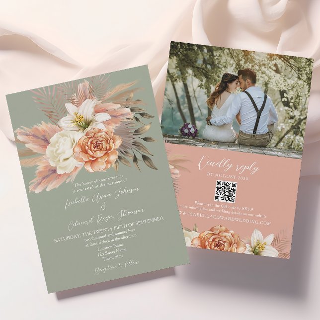 Peach Sage Floral Weding QR Convite (Criador carregado)