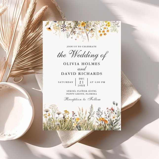 Peach Watercolor Convite de casamento de Prados Se (Peach Watercolor Wildflower Meadow Wedding Invite on a table with neutral boho decoration.)