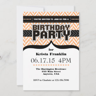 Peach White Black Herringbone Birthday Convite