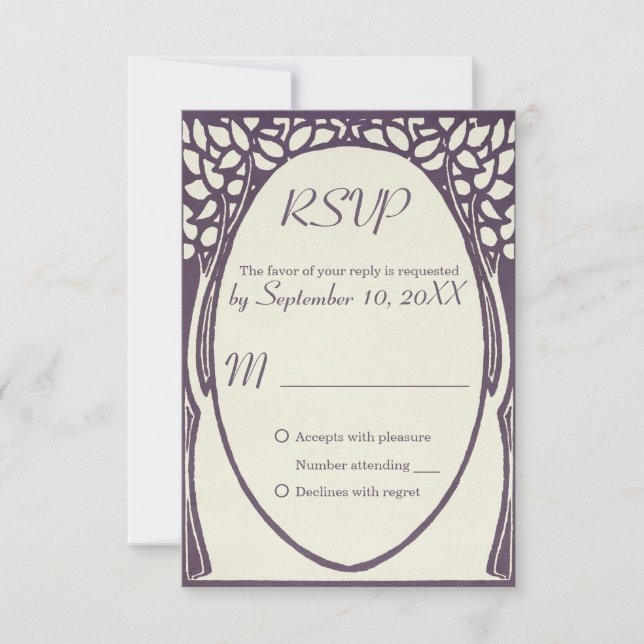 Peacock art deco violet and ivory WEDDING rsvp (Frente)
