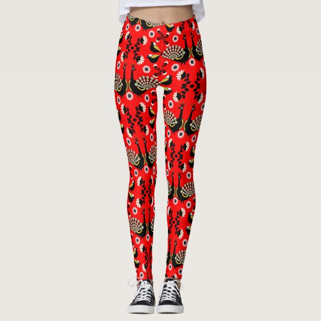 Peacock Bird Folk Art. Leggings (Frente)
