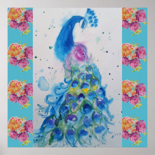 Peacock Blue Bird Watercolor Aqua Rosa Poster