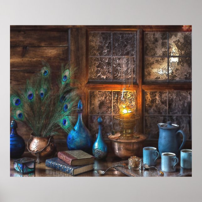 Peacock Feather Drinkware Kerosene Lamp Poster (Frente)
