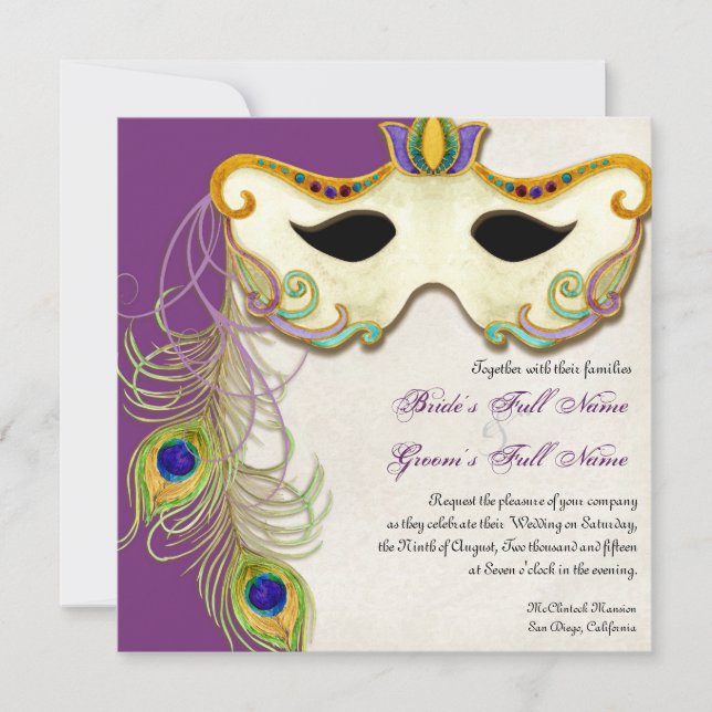Peacock Mascarada Mask Ball - Convite de Casamento (Frente)