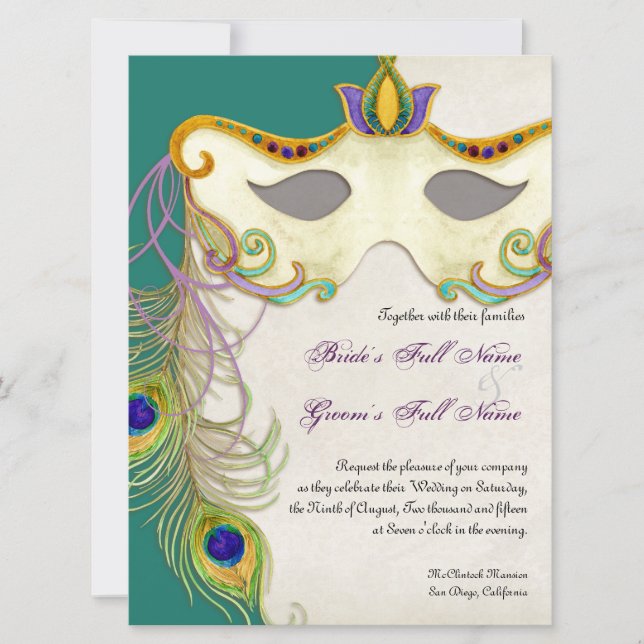 Peacock Mascarada Mask Ball - Convite de Casamento (Frente)