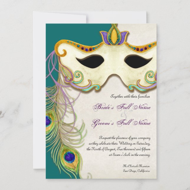 Peacock Mascarada Mask Ball - Convite de Casamento (Frente)