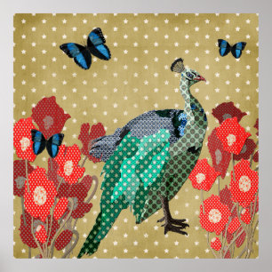 Peacock Pintado e Douradas Estrelas Poster