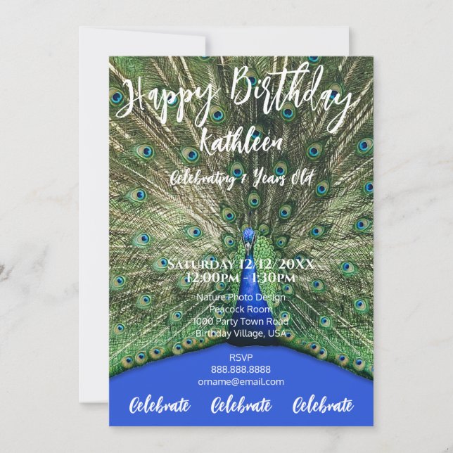 PEACOCK PURPLE PHOTO FELIZ CONVITE DE ANIVERSÁRIO (Frente)