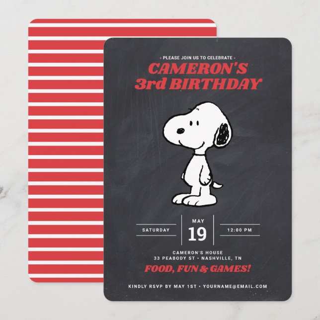 Peanuts Snoopy - Convite de Aniversário do Chalkbo (Frente/Verso)
