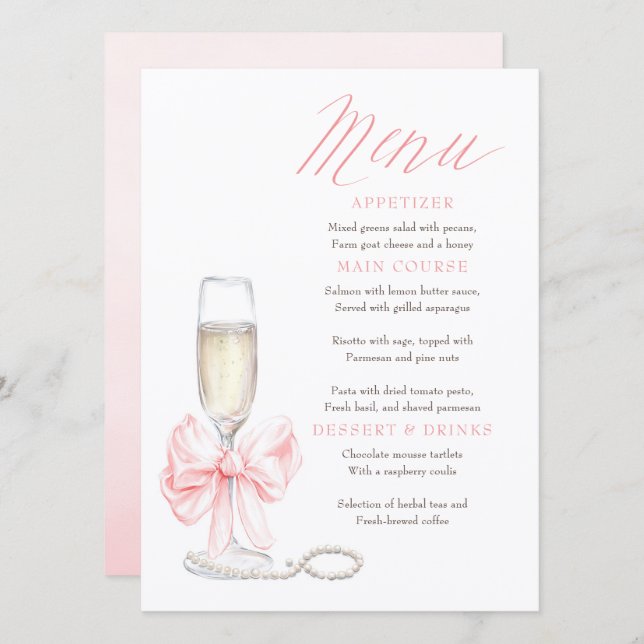Pearls and Prosecco Whimsical Chic Menu Cards (Frente/Verso)