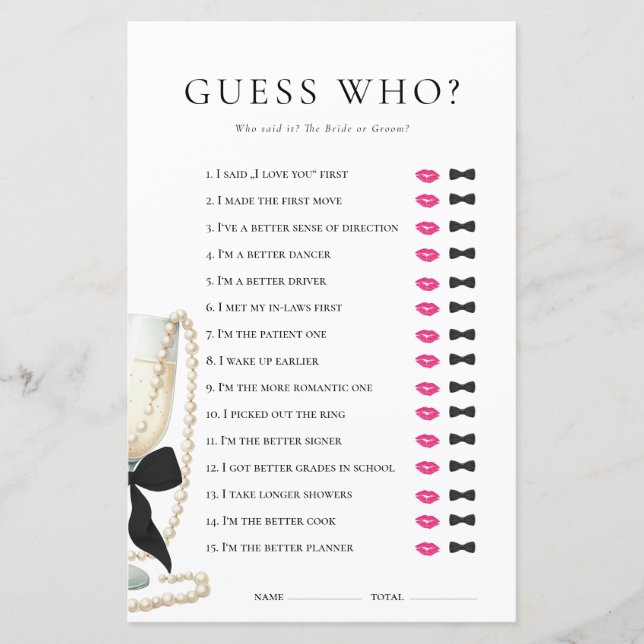 Pearls Prosecco He did She did Bridal Shower Game (Frente)