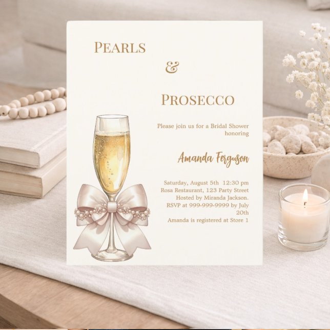 Pearls Prosecco ivory bow Bridal Shower invitation (Criador carregado)