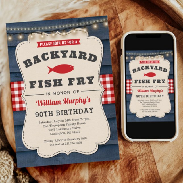 Peixes de quintal Fry 90 Convite de Aniversário (Backyard Fish Fry 90th Birthday Invitation)