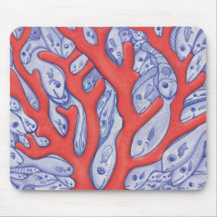 Peixes felizes e Mousepad azul e alaranjado coral