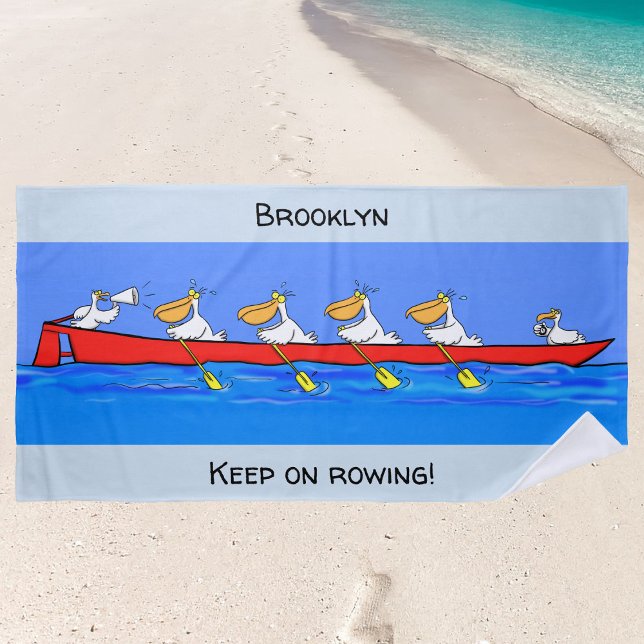 Pelicanos engraçados a remar toalha de praia em eq (Have fun at the beach with this rowing pelicans cartoon towel.)